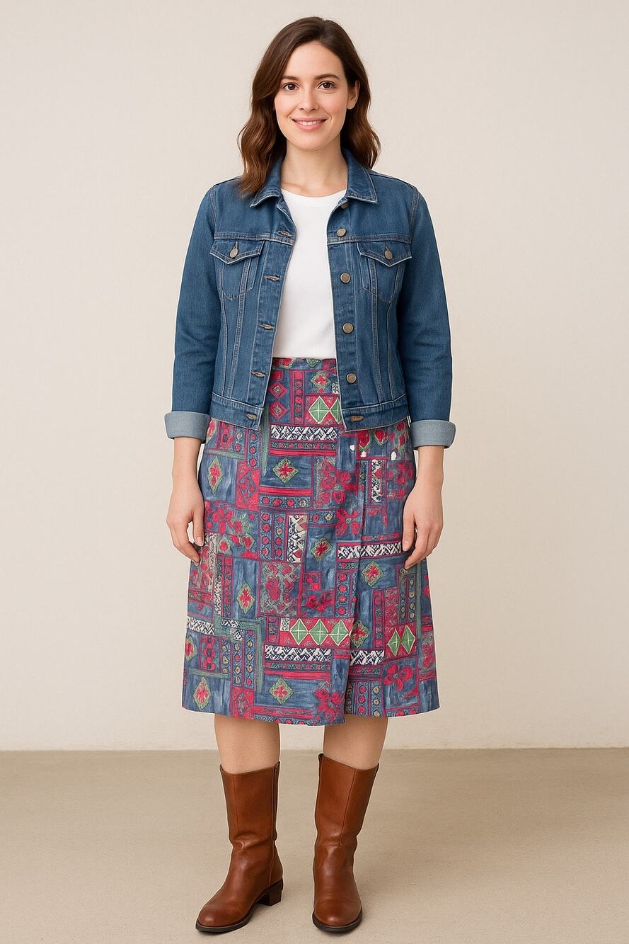 Vintage River Ridge Patchwork Cotton Midi Skirt 16W Cottagecore Boho prairie